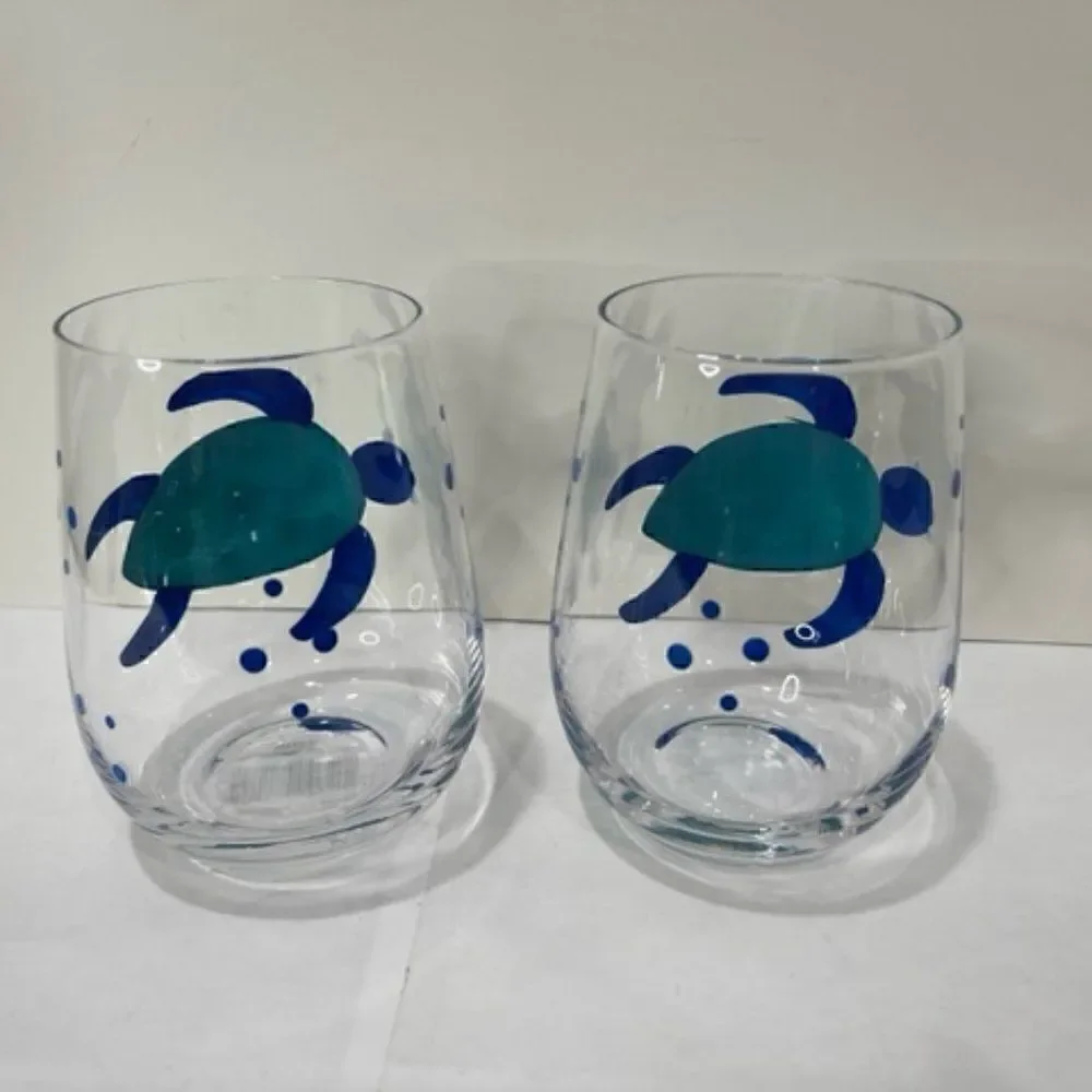 2 Stemless Wine Glasses Turtle - Blue December Diamonds New NWT Excellent - New